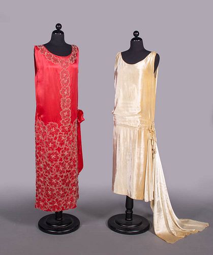 ONE SILK & ONE VELVET EMBELLISHED EVENING DRESSES, 1920s