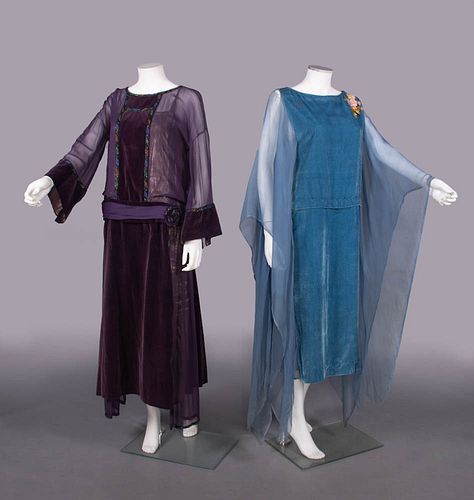 TWO VELVET & CHIFFON EVENING DRESSES, c. 1923