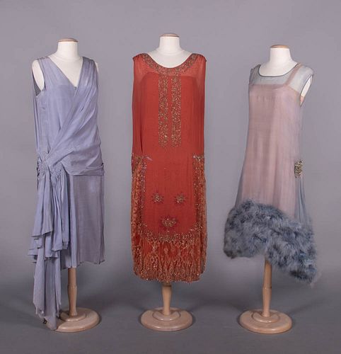 THREE SILK & EMBELLISHED EVENING DRESSES, MID-LATE 1920s