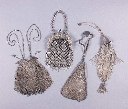 FIVE CHAINMAIL OR MESH BAGS, EARLY 20TH C