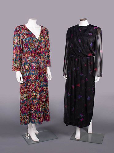 TWO HANAE MORI PRINTED SILK DRESSES, 1980s
