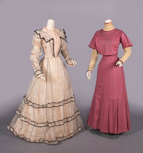 TWO COTTON OR WOOL DAY DRESSES, c. 1905