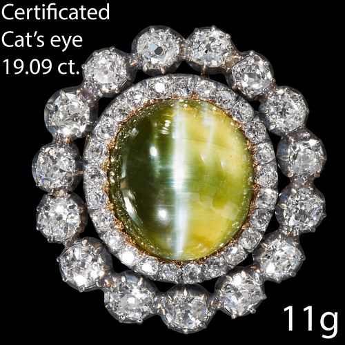 IMPORTANT CERTIFICATED 19.09 CT. CAT'S EYE AND DIAMOND CLUSTER BROOCH