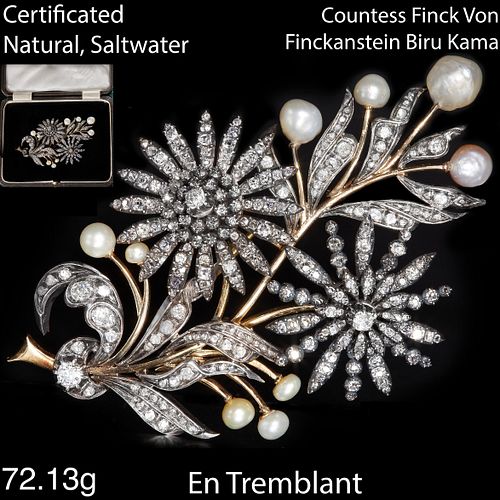 MAGNIFICENT AND RARE LARGE, CERTIFICATED NATURAL SALTWATER  PEARLS AND DIAMOND FLORAL DOUBLE 'EN TREMBLANT' SPRAY BROOCH