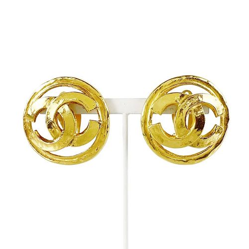 CHANEL COCO MARK GOLD PLATED ROUND EARRINGS