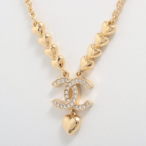 CHANEL COCO MARK HEART RHINESTONE GOLD PLATED NECKLACE