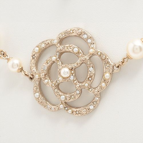 CHANEL CAMELLIA GOLD PLATED & RHINESTONE FAUX PEARL NECKLACE