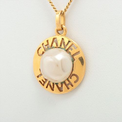 CHANEL GOLD PLATED FAUX PEARL LOGO ROUND NECKLACE