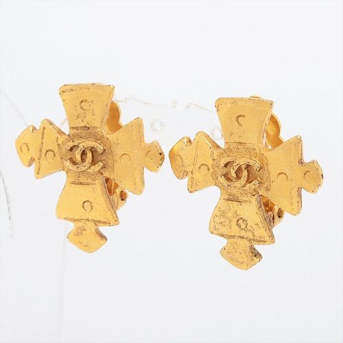 CHANEL COCO MARK GOLD PLATED CROSS EARRINGS