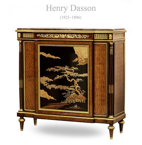 19th C. French Henry Dasson Signed Japanese Style Black Lacquer Commode Cabinet