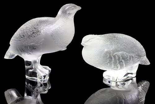 (2) FRENCH LALIQUE FROSTED ART CRYSTAL PARTRIDGES