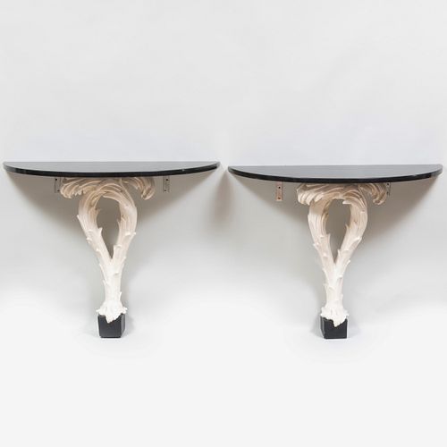 Fine Pair of Serge Roche Whited Painted Gesso and Wood Palm Frond Consoles with Marble Tops