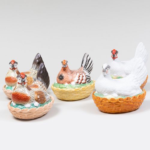 Group of Five Porcelain Hen Form Boxes and Covers