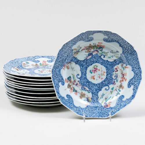 Set of Twelve Chinese Export Blue and White Famille Rose Porcelain Plates