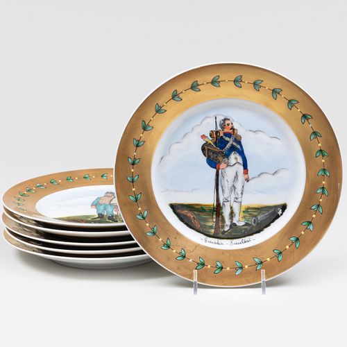 Set of Six Limoges Outside Decorated Dessert Plates with Military Themes