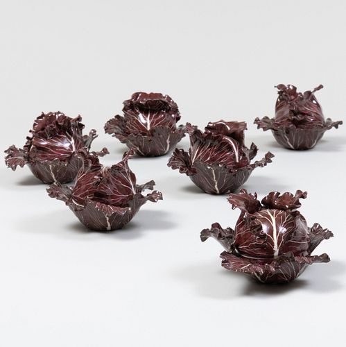 Group of Six Didier Gardillou Porcelain Cabbage Form Boxes and Covers