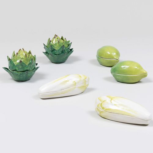 Three Pairs of Didier Gardillou Porcelain Fruit and Vegetable Form Boxes and Covers