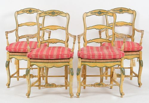 Four French Provincial Polychromed Rush Seat Chairs