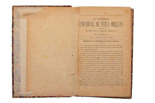 Lancaster Jones, Alfonso. La Exposición Universal de Nueva Orleans. México, 1884. 11 números en un volumen.