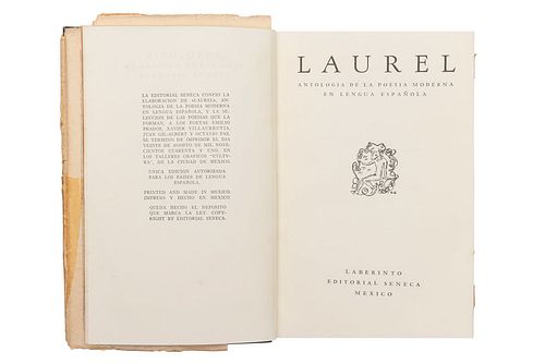 Laurel. Antología de la Poesía Moderna en Lengua Española. México: Editorial Séneca, 1941. Primera edición.