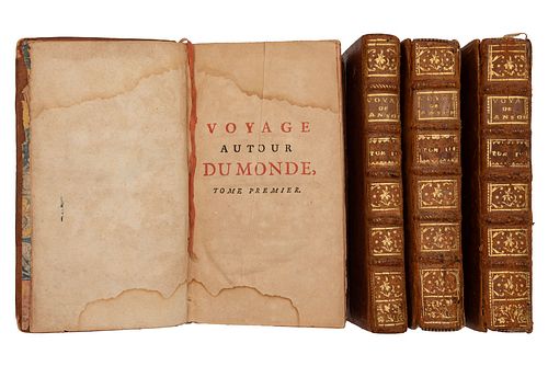 Anson, George. Voyage Autour du Monde, Fait Dans les Années 1740, 41, 42, 43 & 44. Paris, 1750. Tomos I - III. Ilustrados. Piezas: 4.