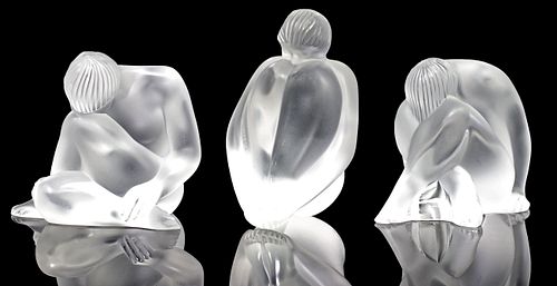 (3) LALIQUE FROSTED ART CRYSTAL MEDITATIVE NUDE FIGURES