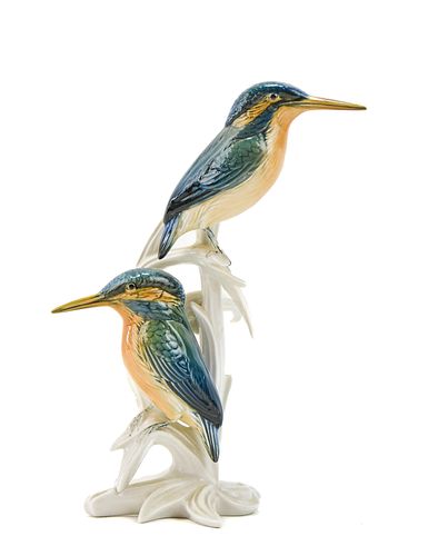 KARL ENS HAND PAINTED KINGFISHERS ON A BRANCH PORCELAIN FIGURE 