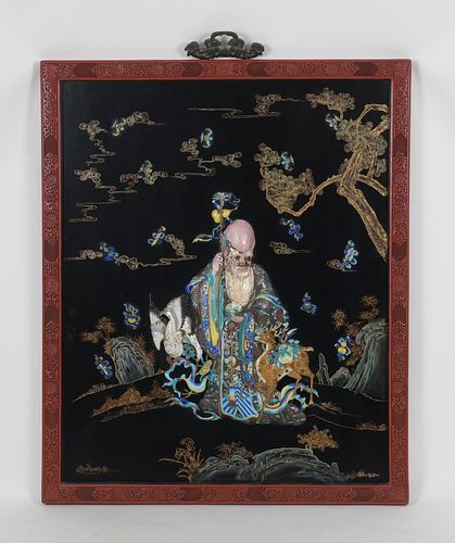A Large Chinese  Silver, Enamel and Cinnabar Plaque 