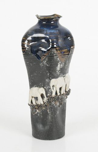 Japanese Sumida Gawa Pottery Vase, Elephants 