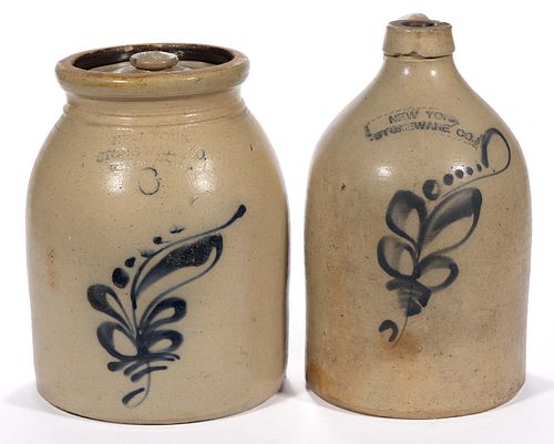 STAMPED "NEW YORK / STONEWARE CO.", FORT EDWARD, NEW YORK DECORATED STONEWARE ARTICLES, LOT OF TWO