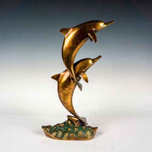 Bronze Sculpture Two Bottlenose Dolphins Swimming in Ocean