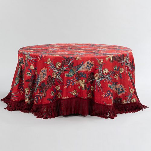 Schumacher 'Peacock' Fabric Tablecloth with Fringe, Designed by Redd Kaihoi