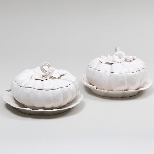 Pair of Vladimir Porcelain Gourd Form Tureens, Covers and Stands