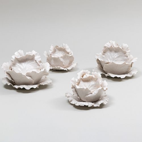 Set of Four Vladimir Porcelain Cabbage Form Tureens, Covers and Stand