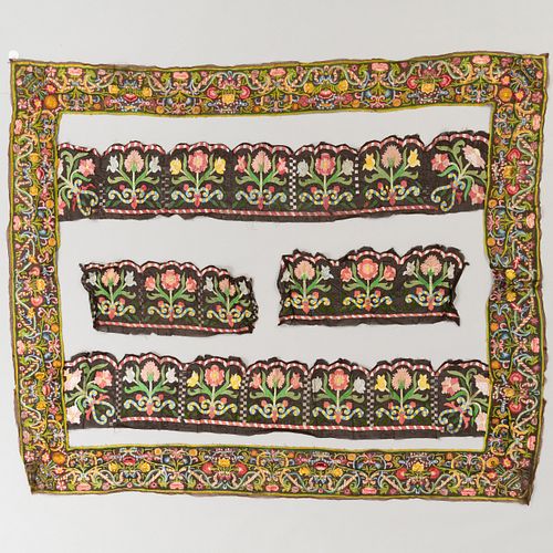 Group of Five Italian Buratto Silk Embroidered Bed Hanging Borders