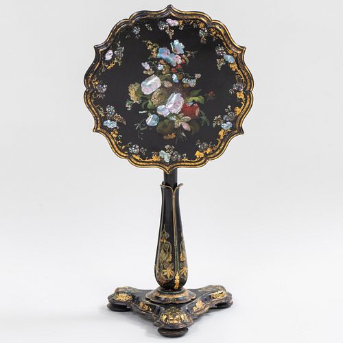 Victorian Black, Polychrome Painted and Parcel-Gilt Mother-of-Pearl Inlaid Papier Mache Tilt-Top Table
