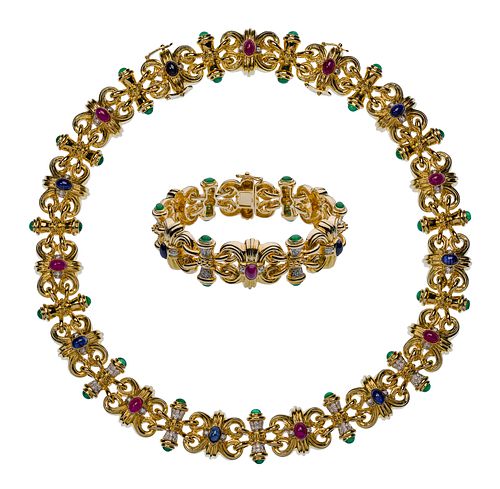 18k Yellow Gold and Precious Gemstone Necklace and Bracelet