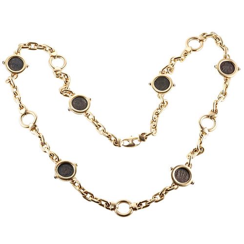 18k Gold Italian Sapphire Ancient Coin Long Necklace Chain