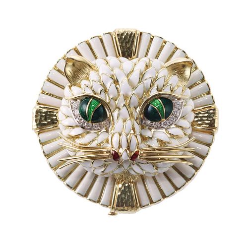 David Webb 18k Gold Diamond Enamel Cat Brooch Pin