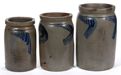 PARR FAMILY ATTRIBUTED, RICHMOND, VIRGINIA DECORATED STONEWARE GRADUATED JARS, LOT OF THREE