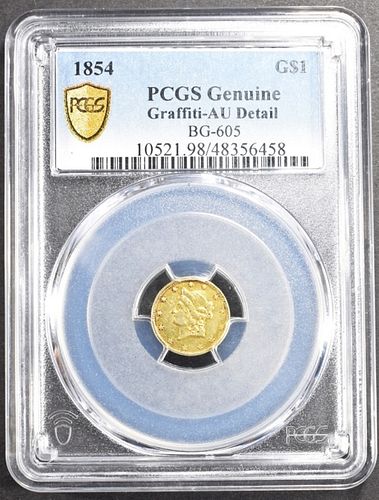 1854 $1 GOLD PCGS AU DETAILS GRAFFITI BG-605