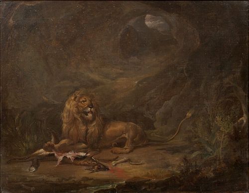 LION & CARCASS OIL PAINTING