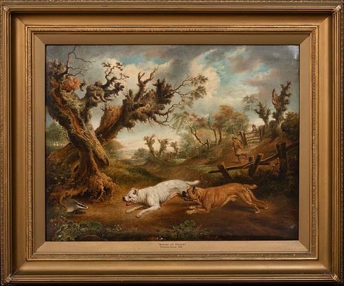  BULLDOGS HUNTING A BADGER OIL PAINTING