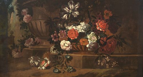  STILL LIFE OF FLOWERS IN A CLASSICAL URN OIL PAINTING