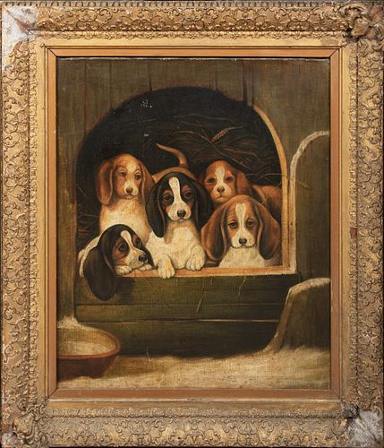 PORTRAIT OF A BEAGLE PUPPIES IN A KENNEL OIL PAINTING