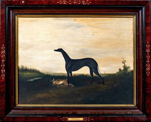  PORTRAIT OF A BLACK GREYHOUND "PRINCE" OIL PAINTING