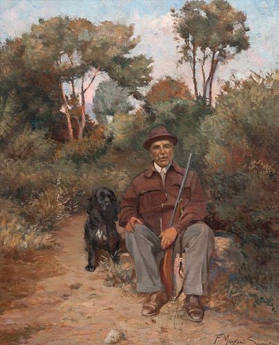  PORTRAIT OF A SPORTSMAN HUNTER & HIS SPANIEL DOG OIL PAINTING