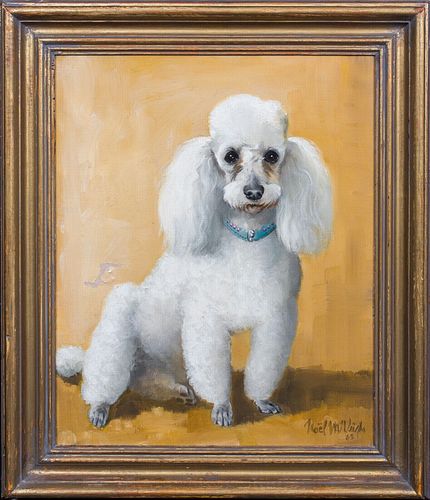 PORTRAIT OF A WHITE TOY POODLE OIL PAINTING