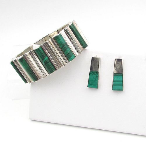 Signed Monteros Mexico Sterling Silver Malachite Bracelet and Earrings