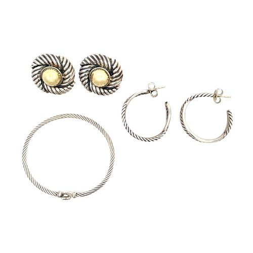 Three piece David Yurman Sterling & 14K Gold Earrings & Bracelet
